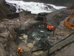 This photo shows construction downstream of the John Hart Dam Generating Station replacement project. 
