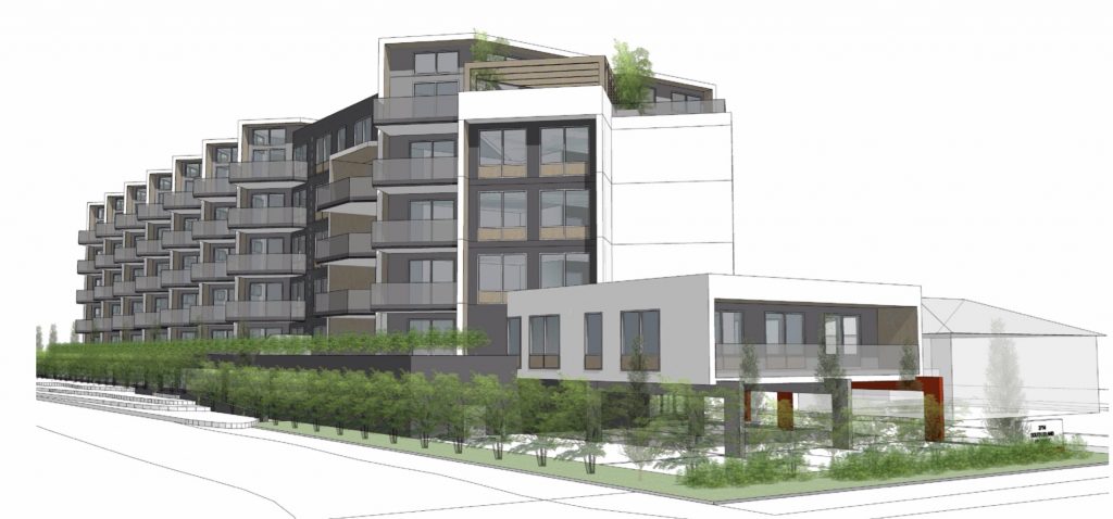 Artists rendition of a proposed 6-storey condo building. The building is longer than taller, and each unit has a balcony with glass doors. 